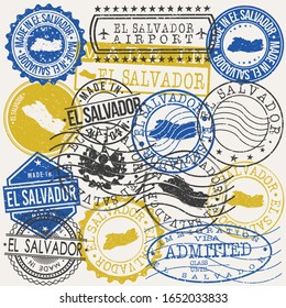 El Salvador Set of Stamps. Travel Passport Stamps. Made In Product. Design Seals in Old Style Insignia. Icon Clip Art Vector Collection.