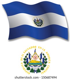 el salvador shadowed textured wavy flag and coat of arms against white background, vector art illustration, image contains transparency transparency