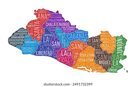 El Salvador shape. Country word cloud with region division. El Salvador colored illustration. Region names cloud. Vector illustration.