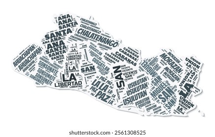 El Salvador shape text cloud. Country border with shadow on white background. El Salvador with regions division in vintage gazette style. Elegant vector illustration.