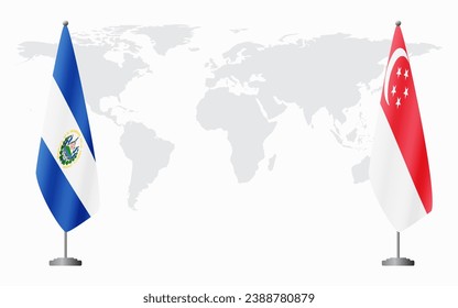 El Salvador and Singapore flags for official meeting against background of world map.