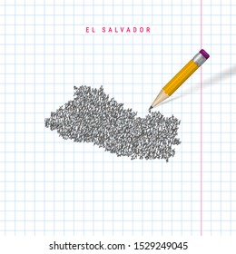 El Salvador sketch scribble vector map drawn on checkered school notebook paper background