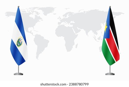 El Salvador and South Sudan flags for official meeting against background of world map.