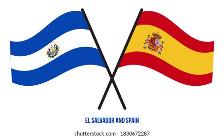El Salvador and Spain Flags Crossed And Waving Flat Style. Official Proportion. Correct Colors.