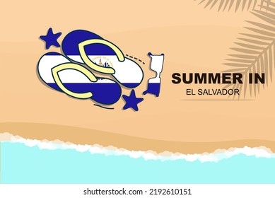 El Salvador summer holiday vector banner, beach vacation concept, flip flops sunglasses starfish on sand, copy space area, El Salvador summer travel and tourism idea with flag
