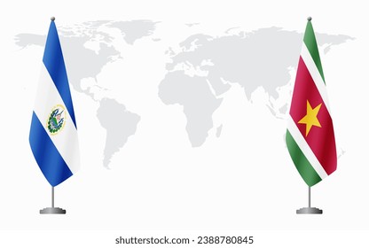 El Salvador and Suriname flags for official meeting against background of world map.