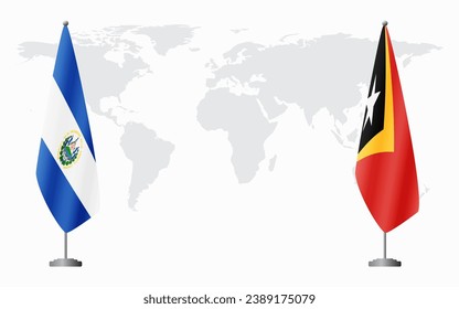 El Salvador and Timor-Leste flags for official meeting against background of world map.