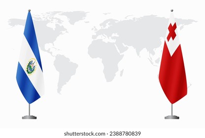 El Salvador and Tonga flags for official meeting against background of world map.