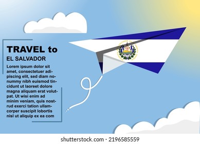 El Salvador travel vector banner with paper flag and text space, El Salvador country flag on paper plane, holiday and vacation concept, summer travel template and pattern, flight ticket idea