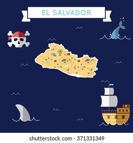 El Salvador treasure map in flat design. Colorful cartoon treasure map of El Salvador with flat design icons of pirate ship and jolly roger. El Salvador flat design vector illustration.