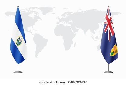 El Salvador and Turks and Caicos flags for official meeting against background of world map.