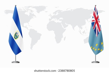 El Salvador and Tuvalu flags for official meeting against background of world map.