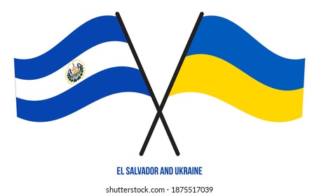 El Salvador and Ukraine Flags Crossed And Waving Flat Style. Official Proportion. Correct Colors.