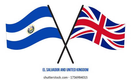 El Salvador and United Kingdom Flags Crossed And Waving Flat Style. Official Proportion. Correct Colors.