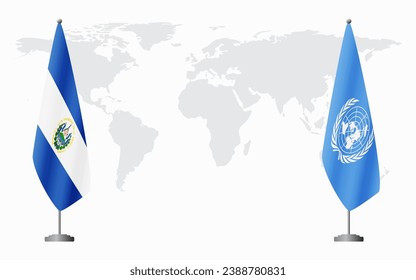 El Salvador and United Nations flags for official meeting against background of world map.