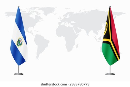 El Salvador and Vanuatu flags for official meeting against background of world map.