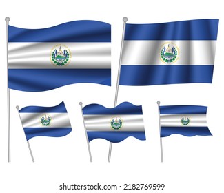 El Salvador vector flags set. 5 wavy 3D cloth pennants fluttering on the wind. EPS 10 created using gradient meshes isolated on white background. Five flagstaff design elements from world collection
