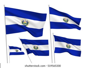 Banderas vectoriales de El Salvador. 5 plumas onduladas de tela 3D revoloteando sobre el viento. EPS 8 creado mediante mallas de degradado aisladas en fondo blanco. Cinco elementos principales de diseño de personal de la colección mundial