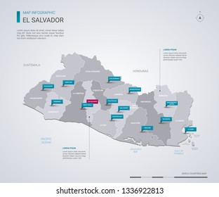 El Salvador vector map with infographic elements, pointer marks. Editable template with regions, cities and capital San Salvador. 