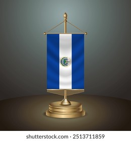 Bandeira de mesa vertical de El Salvador com polo dourado no fundo de gradiente escuro, Modelo banner vetor Ilustração