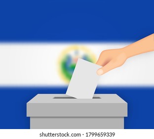 El Salvador vote election banner background. Ballot Box with blurred flag