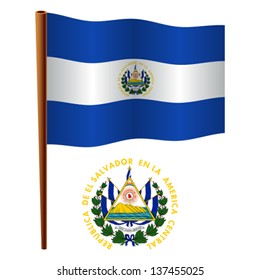 el salvador wavy flag and coat of arms against white background, vector art illustration, image contains transparency