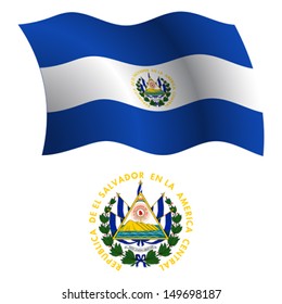 el salvador wavy flag and coat of arms against white background, vector art illustration, image contains transparency