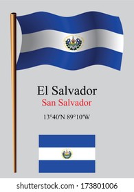 el salvador wavy flag and coordinates against gray background, vector art illustration, image contains transparency