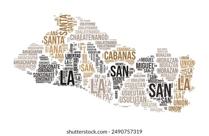 El Salvador Word Cloud. Country shape with region division. El Salvador typography style image. Region names tag clouds. Vector illustration.