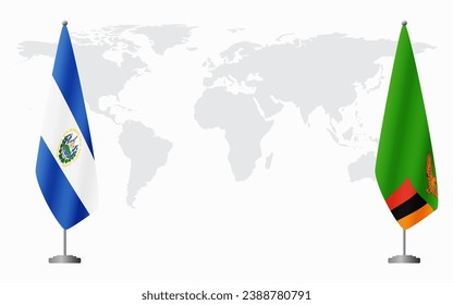 El Salvador and Zambia flags for official meeting against background of world map.