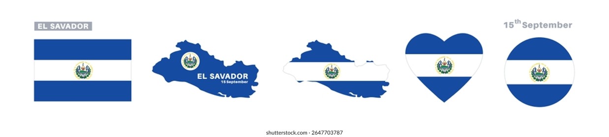 el savador flag and map set. el savadorflag in official colors and proportions. independence day 15 september, map, circle and heart shaped el savador