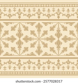 Elaborate Beautiful Luxury Golden Silk With Scroll Ornament and Geometric Strong and Gentle Design Opulence Royal Gold Rich Florals Embroidery on Beige Background For Decoration Stripe Apparel Brocade