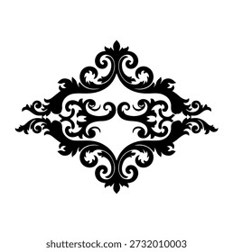 Elaborado Black Damask Frame Ornament, Elemento decorativo vintage, redemoinhos barrocos e folhas, Design elegante clássico, Convite de casamento