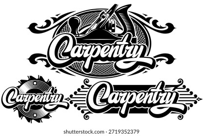 Elaborate Black and White Carpentry Logos and Emblems with Detailed Woodworking Hand Plane, Saw Blade, and Stylized Typography for Craftsmanship and Renovation Businesses.