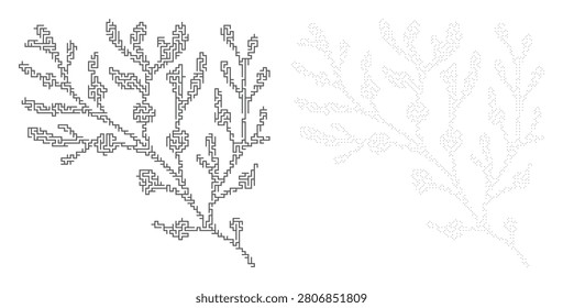 Elaborate branching maze, intricate pathways form tree-like structure, dotted silhouette creates ethereal feel.