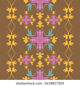 Uitgebreide kleurrijke botanische tuin gestreepte rand patroon op oker bruine achtergrond. Scroll Ornament Forest Floral Twist Barok Ontwerp voor Borduurwerk Stoffen Mode Kleding Kleding Kleding Kant Textiel Tegels