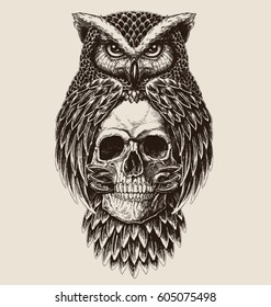 Elaborate drawing of Owl holding skull