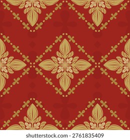 Elaborate elegance seamless pattern beautiful golden florals on red background with hand drawn detailed ornament. Classic flourish blooming rich royal design suit for men's wear attire tiles fabrics.