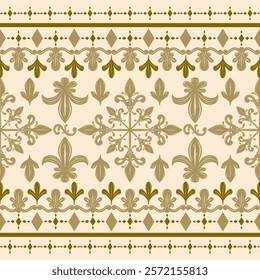 Elaborate Fancy Golden Silk Embroidery on Beige Background. Luxury Border Pattern Fleur de lis Nature Scroll Ornament Seamless Design Stripe. Delicate Classy Gold Weaves Exquisitely Haute Couture 