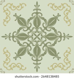 Elaborate Fantasy Blooming Luxury Green Jade Gold Ornament Scroll on Celadon Pastel Background. Royal Classic Elegance Style for Expensive Haute Couture Seamless Pattern for Tiles Floor Embroidery Rug