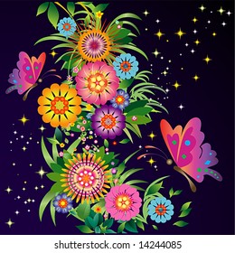 elaborate floral constructions and stylized butterflies against starry background