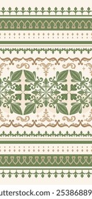 Elaborate Forest of Elf Theme Border Decoration Green Brown Gold on Beige Background. Delicate and Bright Beautiful Pattern. Fleur de lis Ornate Scroll Seamless Vector. Elegant Rich Spring Season.