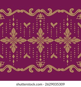 Elaborate Geometric Baroque Scroll Ornament With Gold Filigree Hand drawn on Burgundy Background. Golden Silk Byzantine Florals Illustration Striped Border Luxury Design for Interior Embroidery Silk  
