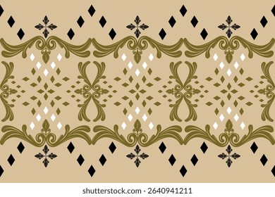 Elaborate Geometric Chevron Motif Twist Fleur de lis Scroll Ornament Exquisitely Detailed Pattern Border with White Gold Black on Tan Background. Deluxe Abstract Florals Filigree Embroidery Knit Lace