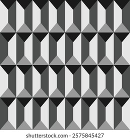 An elaborate geometric pattern showcasing diverse grayscale shades in a dynamic, captivating design