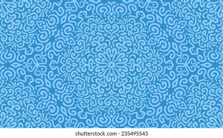 Elaborate Hand Drawn Fantasy Flower Seamless Pattern in Light and Deep Blue