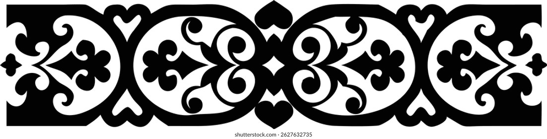 Elaborate horizontal monochrome border features meticulously crafted scrolls, clover motifs and heart shapes arranged in a symmetrical, repeating pattern over a clean white backdrop.