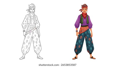 An elaborate illustration of a person dressed in traditional middle eastern attire detailed with colorful patterns and accessories