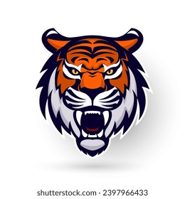An elaborate and impactful tiger head logo design with intricate features, ideal for brands seeking a dominant representation. The white background enhances its vibrancy.