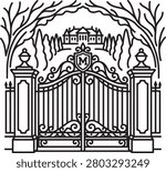 Elaborate line art vector of an ornate wrought iron gate with a central monogram. a grand mansion is visible in the background, framed by elegant, stylized trees and foliage.